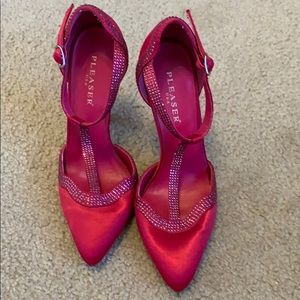 Pink Satin, t strap heels with rhinestones